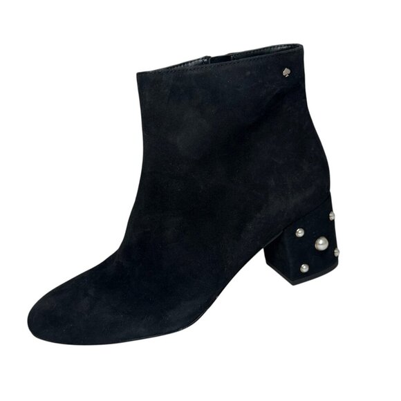 Kate Spade Womens Black Suede Taraji Faux Pearl Block Heel Bootie size 8  NEW - Picture 1 of 6